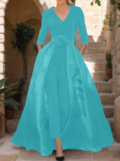 Mother of the Bride V-Neck Pantsuit with 3/4 Sleeves and Flower Belt