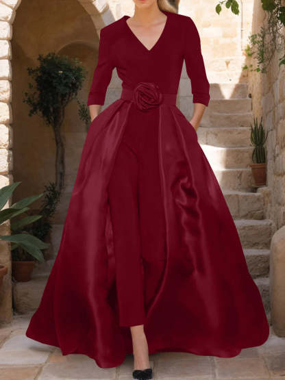 Mother of the Bride V-Neck Pantsuit with 3/4 Sleeves and Flower Belt