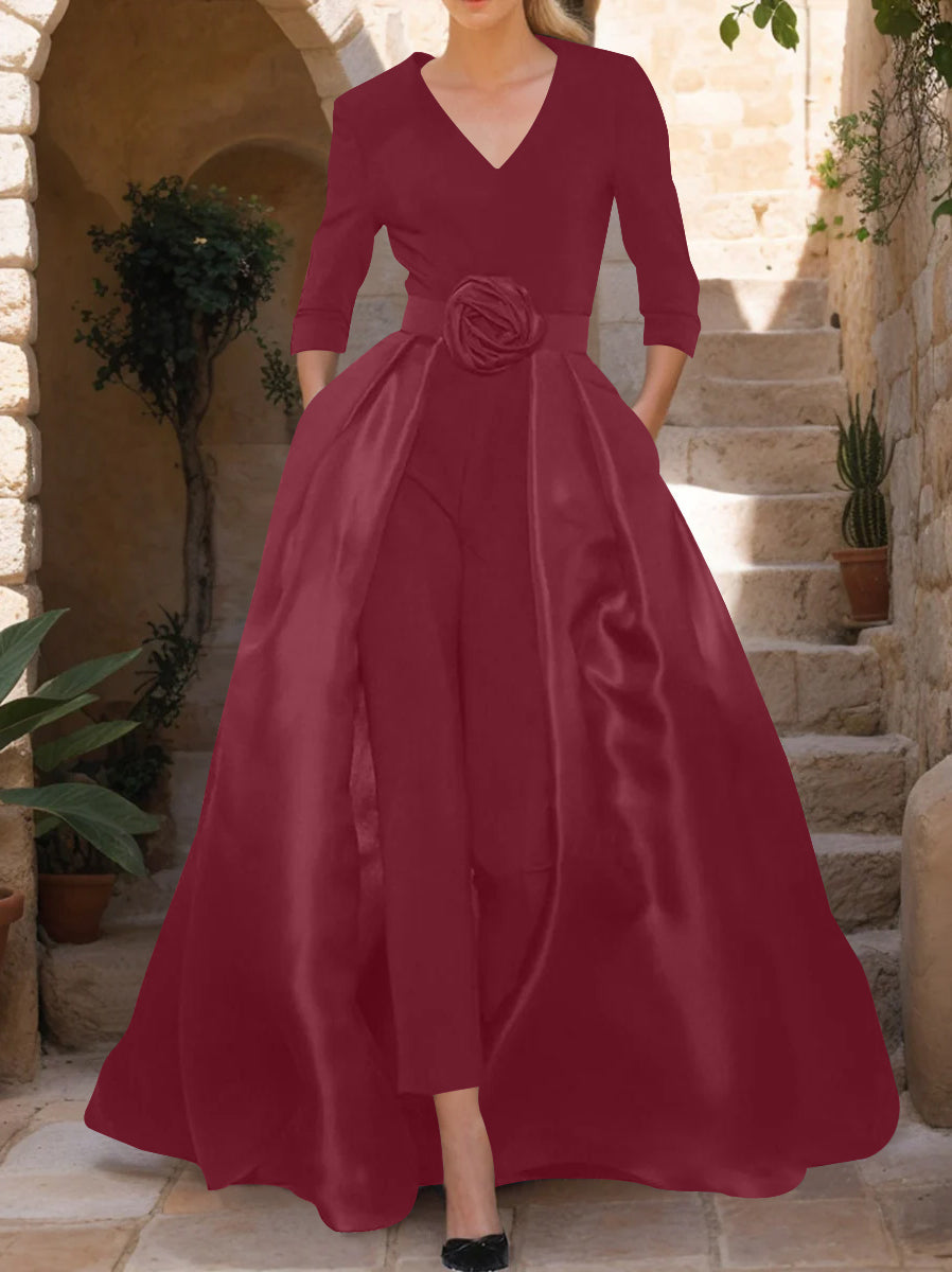 Mother of the Bride V-Neck Pantsuit with 3/4 Sleeves and Flower Belt