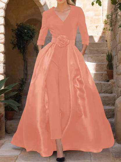Mother of the Bride V-Neck Pantsuit with 3/4 Sleeves and Flower Belt