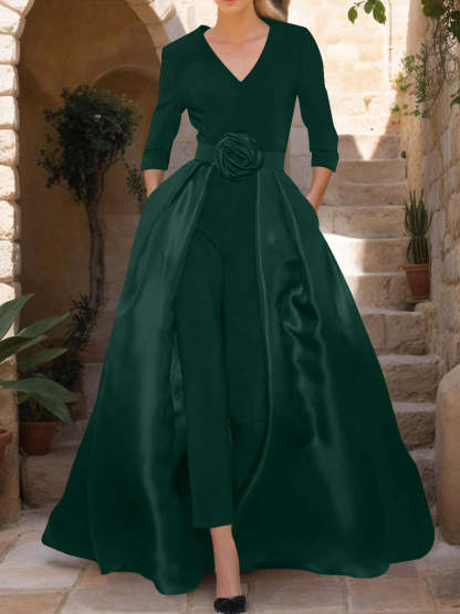 Mother of the Bride V-Neck Pantsuit with 3/4 Sleeves and Flower Belt