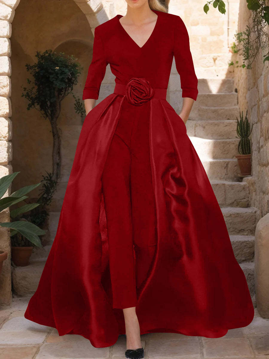Mother of the Bride V-Neck Pantsuit with 3/4 Sleeves and Flower Belt