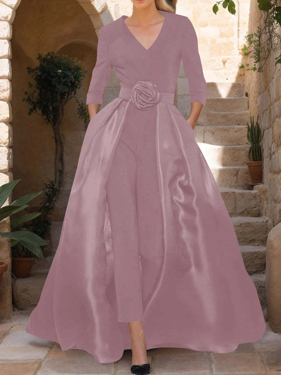 Mother of the Bride V-Neck Pantsuit with 3/4 Sleeves and Flower Belt