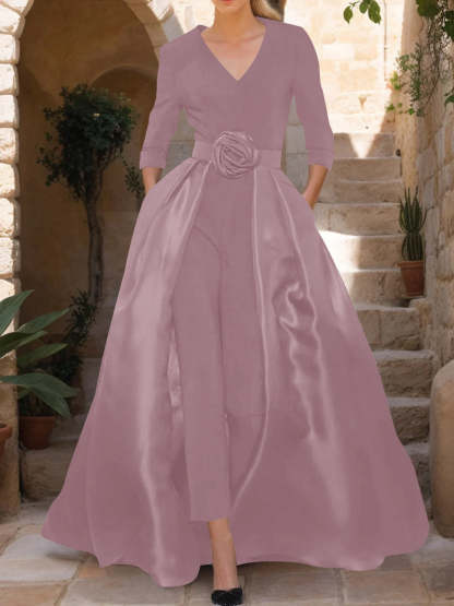 Mother of the Bride V-Neck Pantsuit with 3/4 Sleeves and Flower Belt