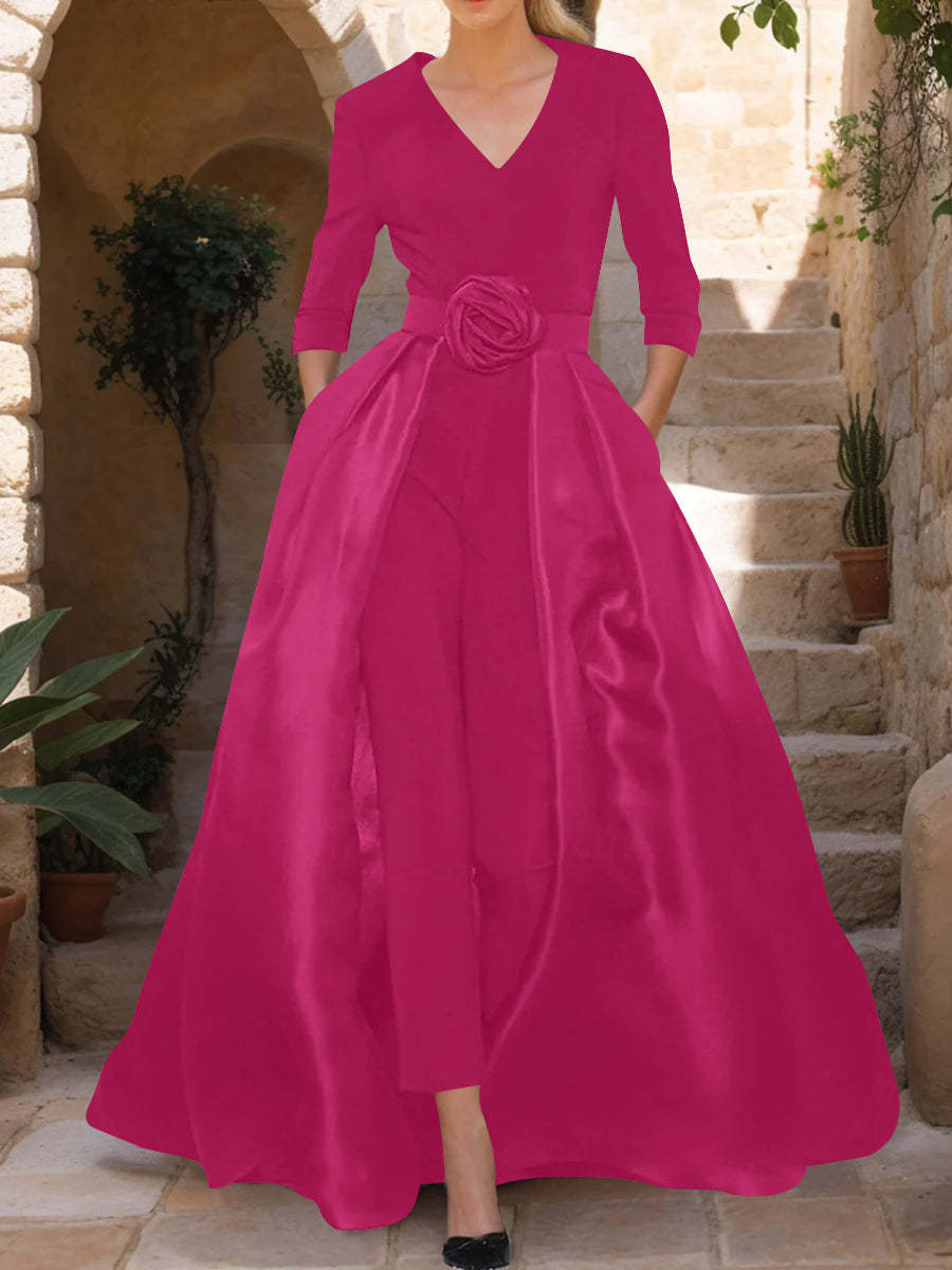 Mother of the Bride V-Neck Pantsuit with 3/4 Sleeves and Flower Belt
