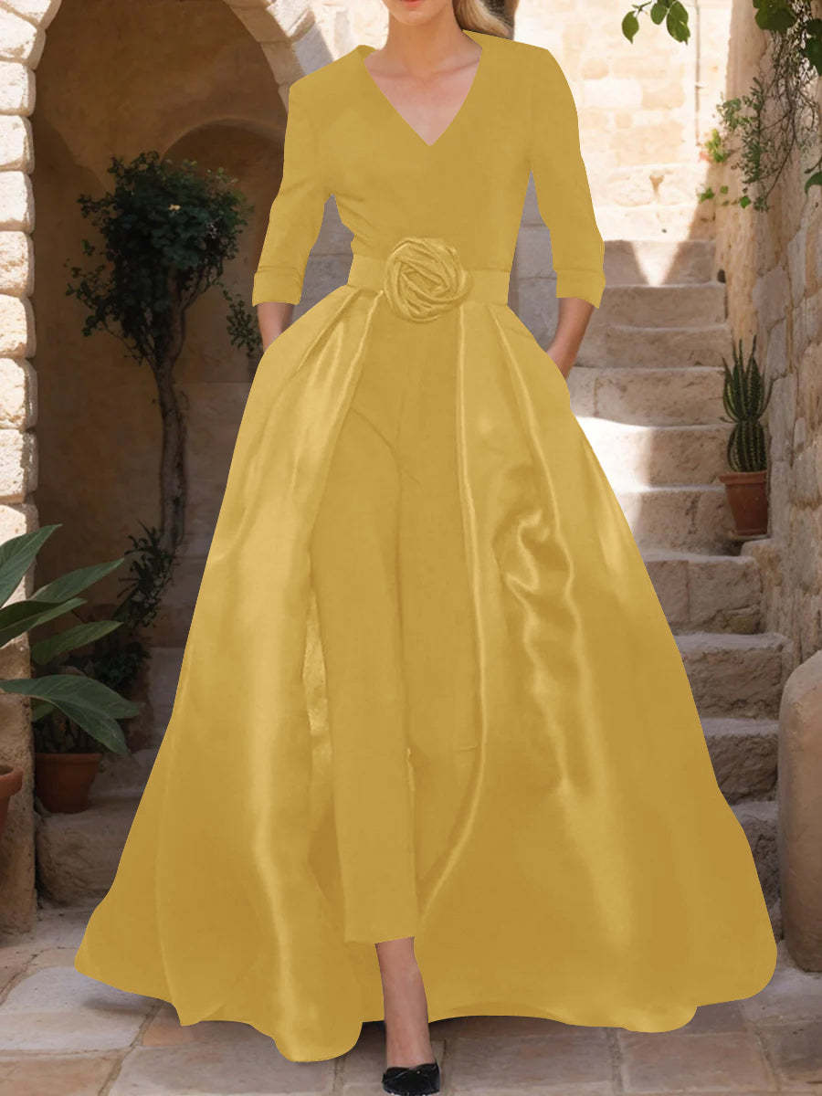 Mother of the Bride V-Neck Pantsuit with 3/4 Sleeves and Flower Belt