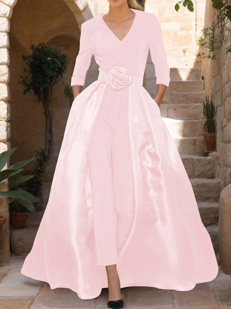 Mother of the Bride V-Neck Pantsuit with 3/4 Sleeves and Flower Belt