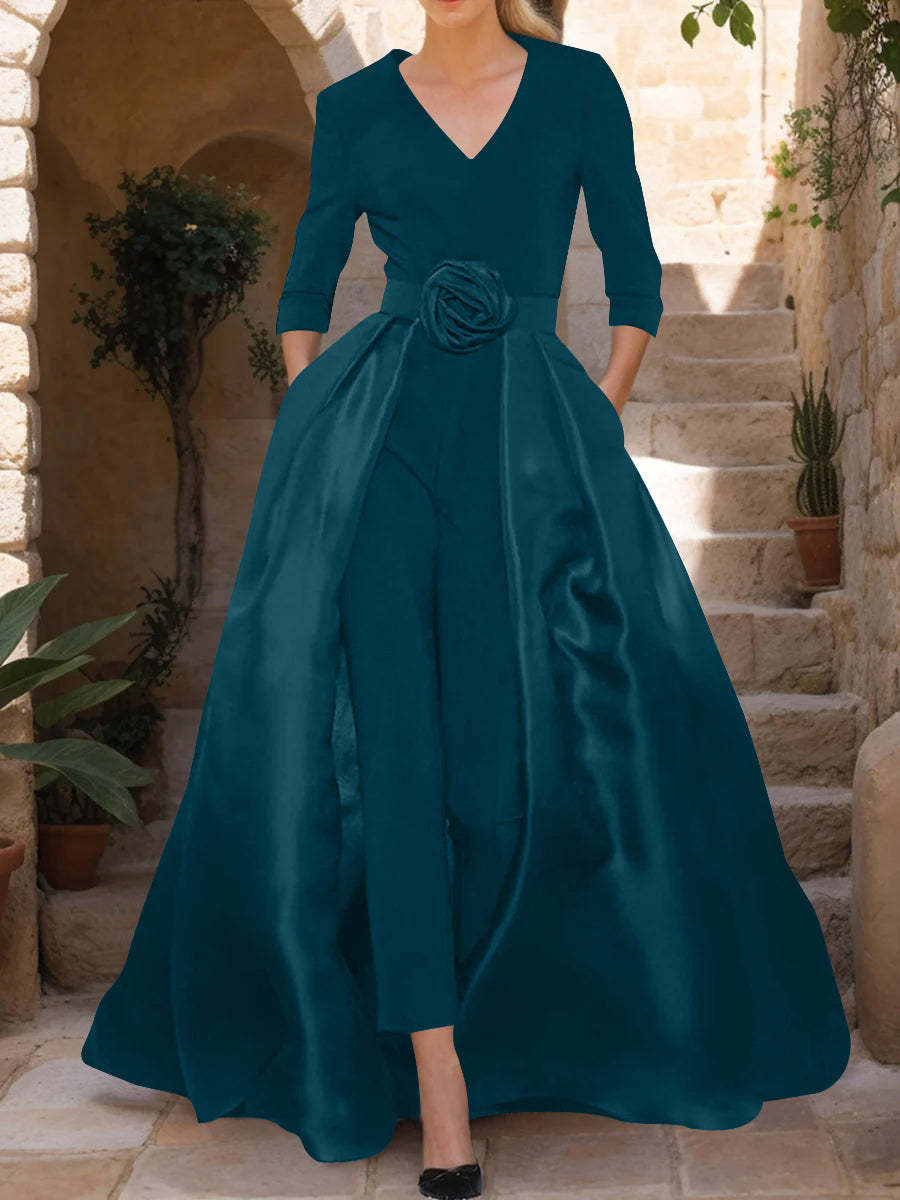 Mother of the Bride V-Neck Pantsuit with 3/4 Sleeves and Flower Belt