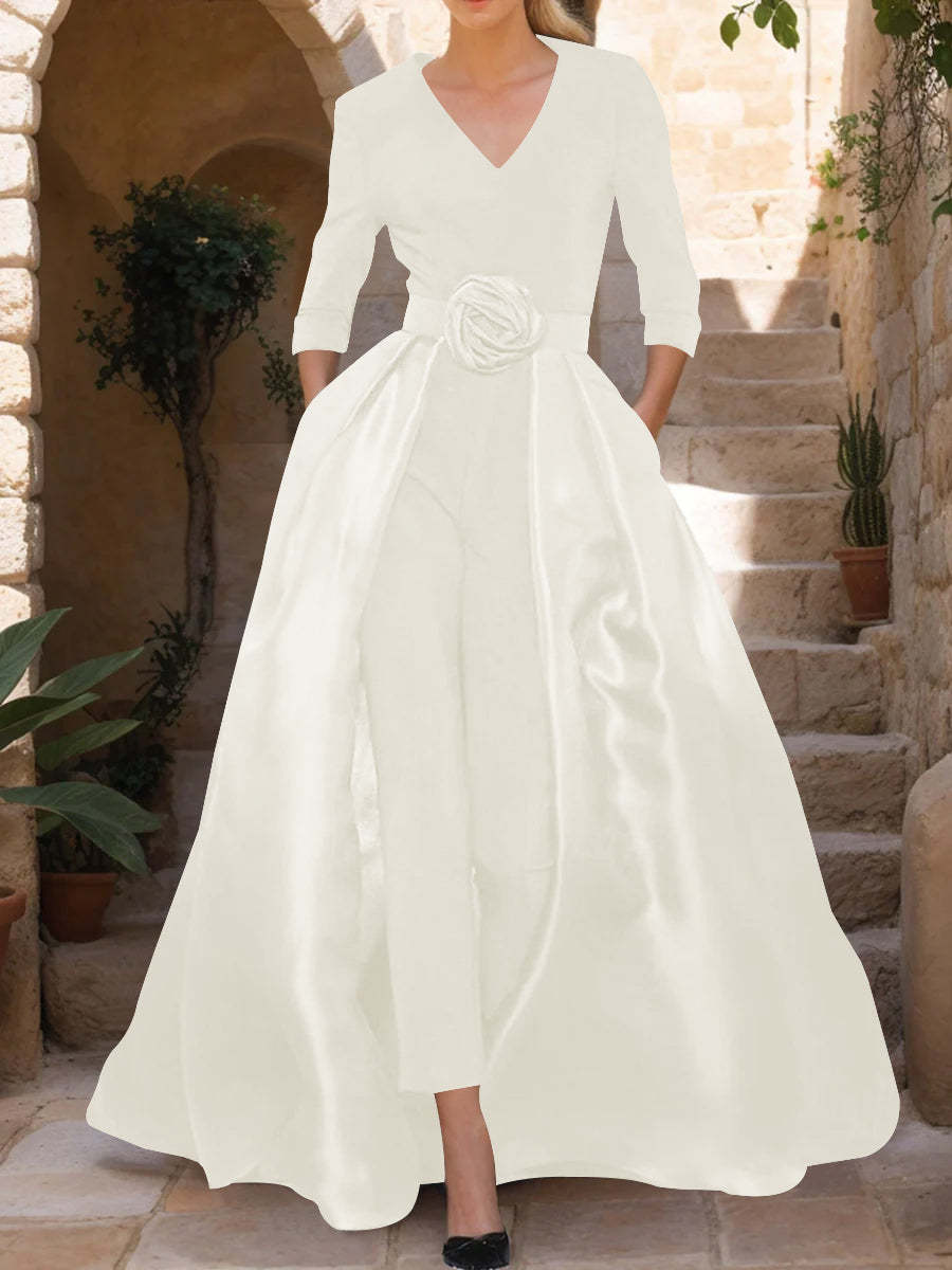 Mother of the Bride V-Neck Pantsuit with 3/4 Sleeves and Flower Belt