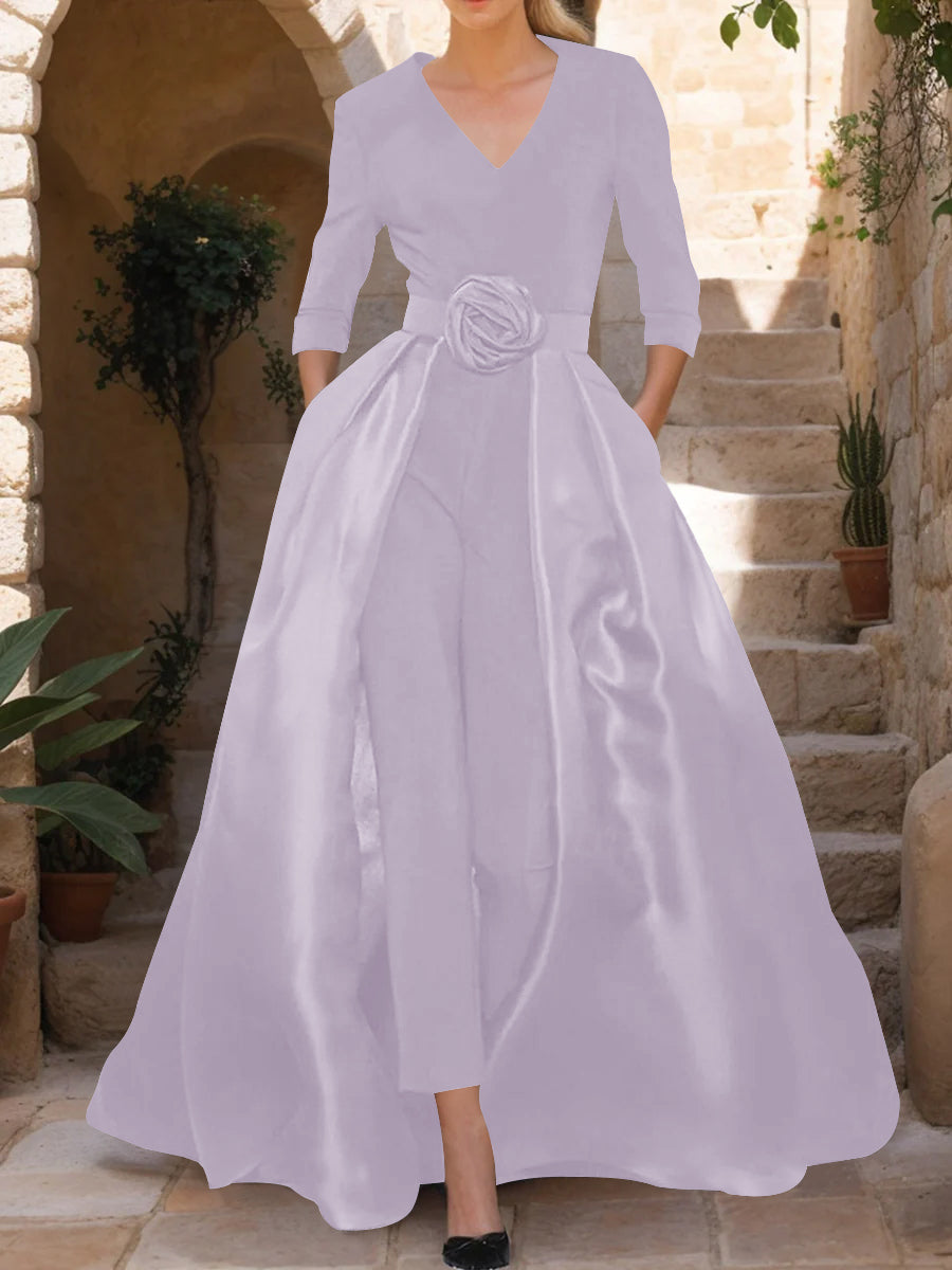 Mother of the Bride V-Neck Pantsuit with 3/4 Sleeves and Flower Belt