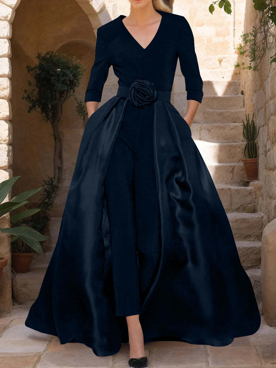 Mother of the Bride V-Neck Pantsuit with 3/4 Sleeves and Flower Belt