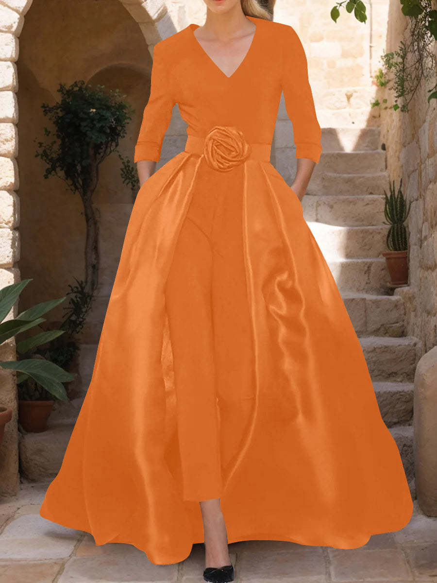 Mother of the Bride V-Neck Pantsuit with 3/4 Sleeves and Flower Belt