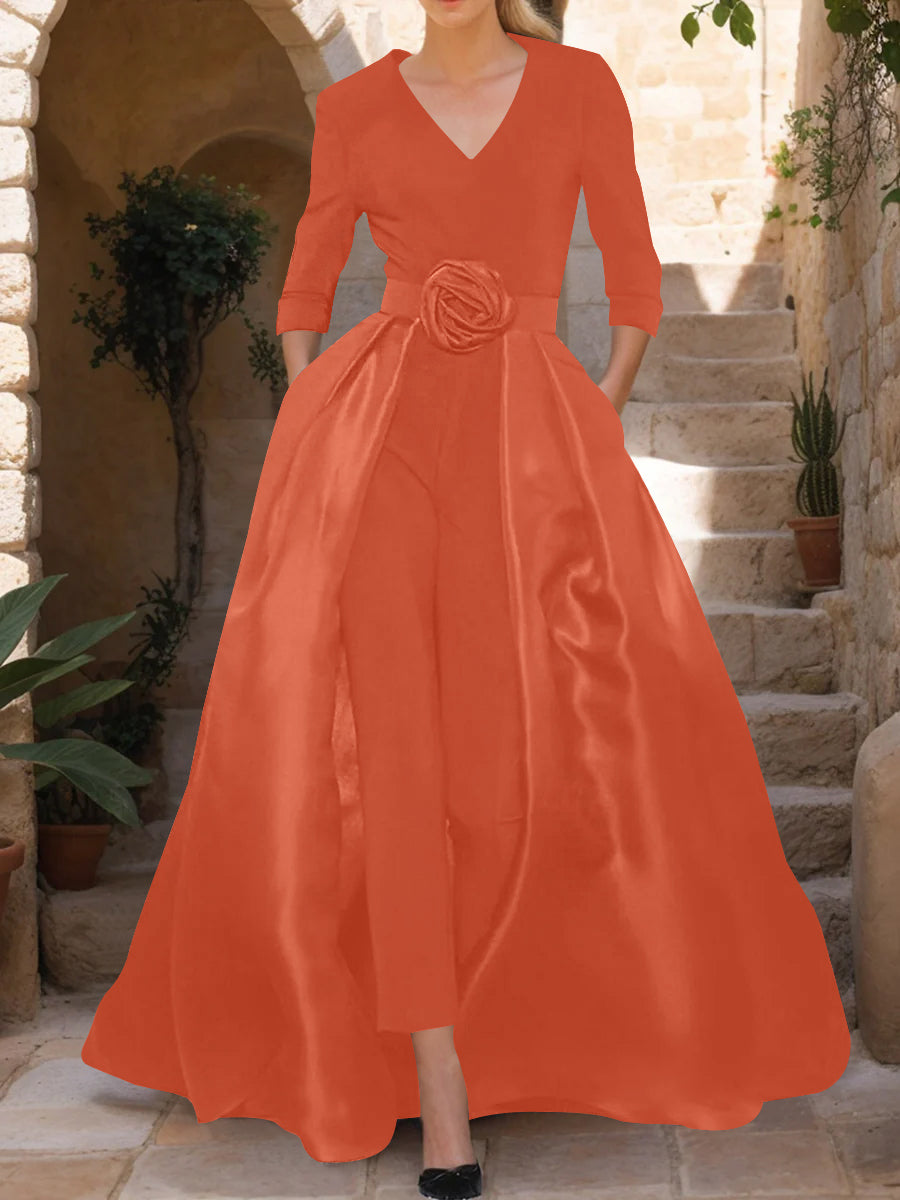 Mother of the Bride V-Neck Pantsuit with 3/4 Sleeves and Flower Belt