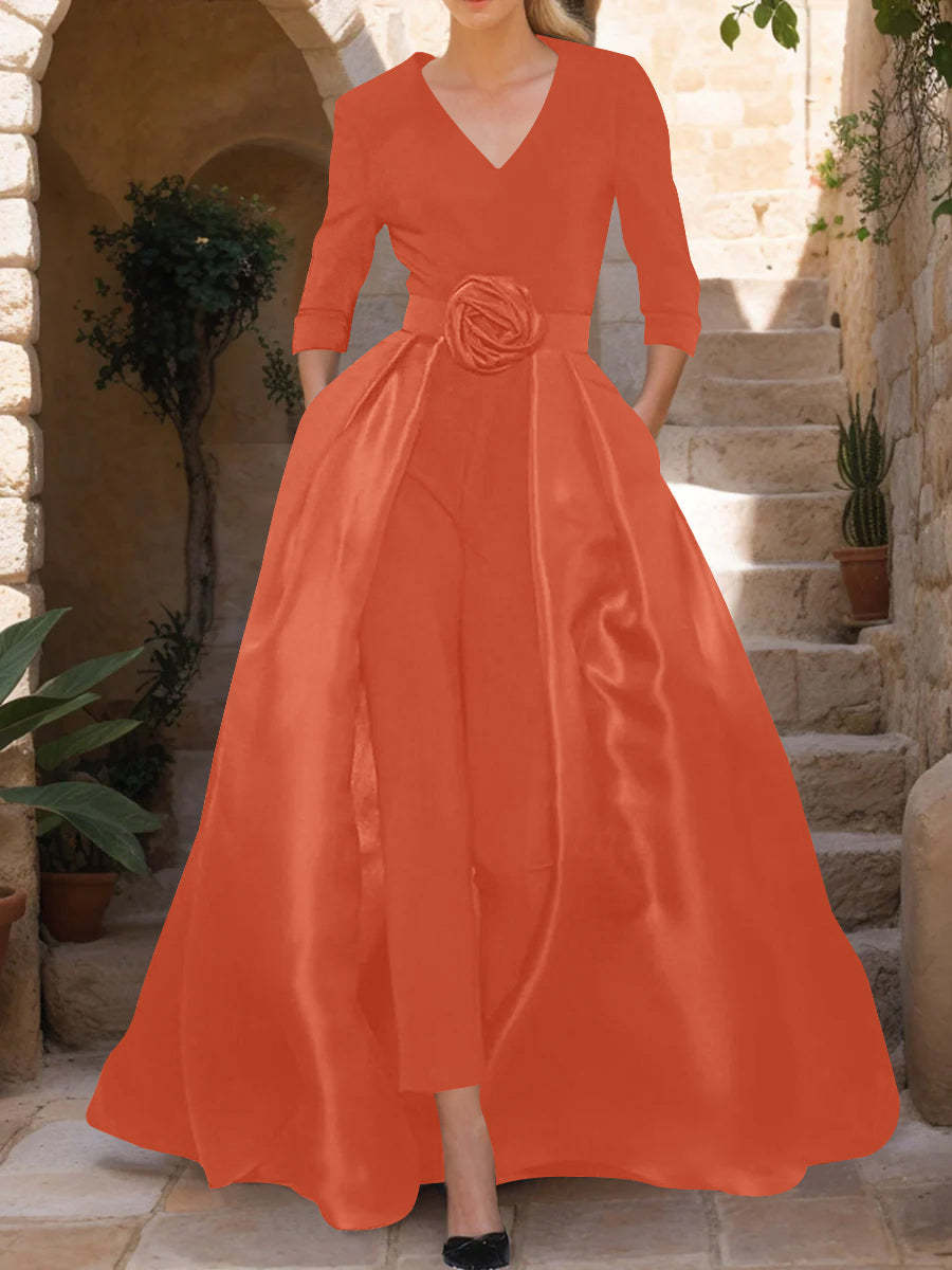 Mother of the Bride V-Neck Pantsuit with 3/4 Sleeves and Flower Belt