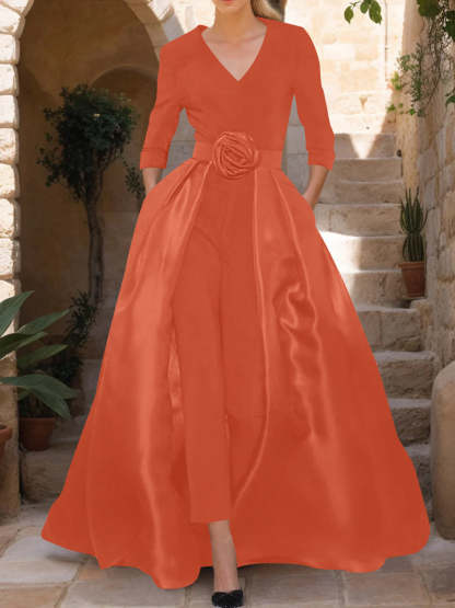 Mother of the Bride V-Neck Pantsuit with 3/4 Sleeves and Flower Belt