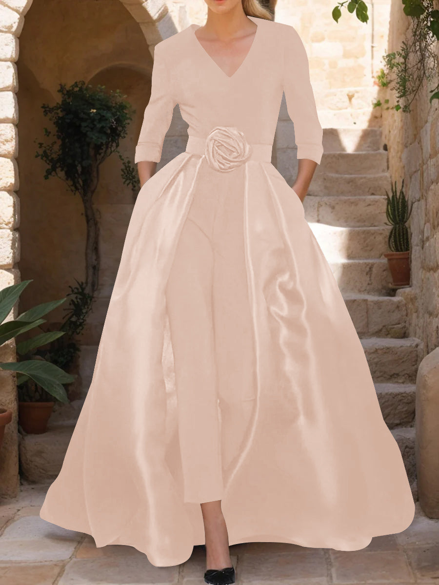 Mother of the Bride V-Neck Pantsuit with 3/4 Sleeves and Flower Belt