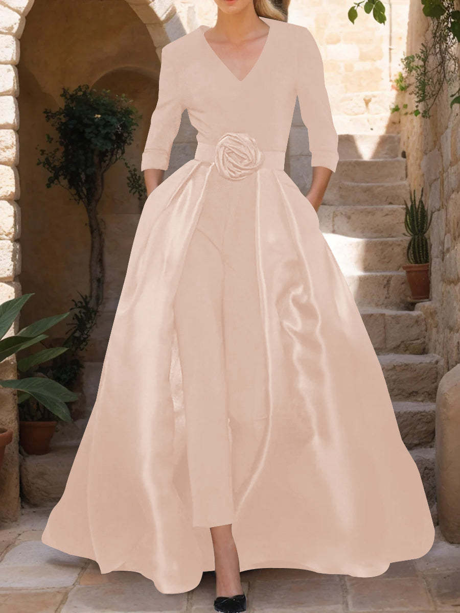 Mother of the Bride V-Neck Pantsuit with 3/4 Sleeves and Flower Belt