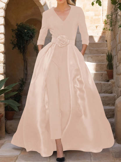 Mother of the Bride V-Neck Pantsuit with 3/4 Sleeves and Flower Belt