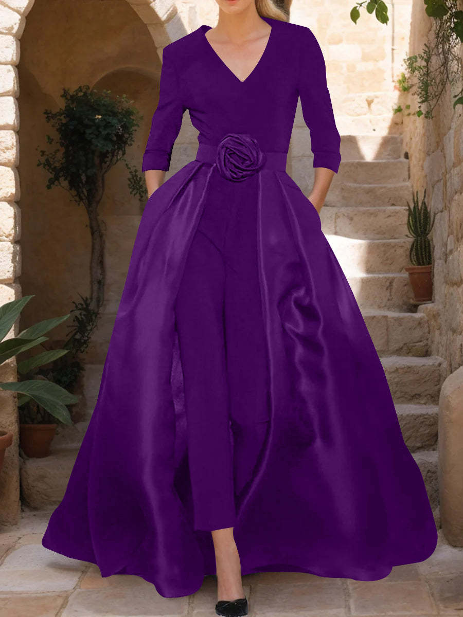 Mother of the Bride V-Neck Pantsuit with 3/4 Sleeves and Flower Belt