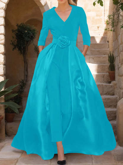 Mother of the Bride V-Neck Pantsuit with 3/4 Sleeves and Flower Belt