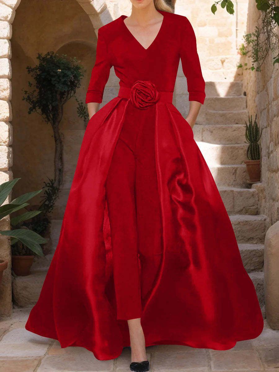 Mother of the Bride V-Neck Pantsuit with 3/4 Sleeves and Flower Belt