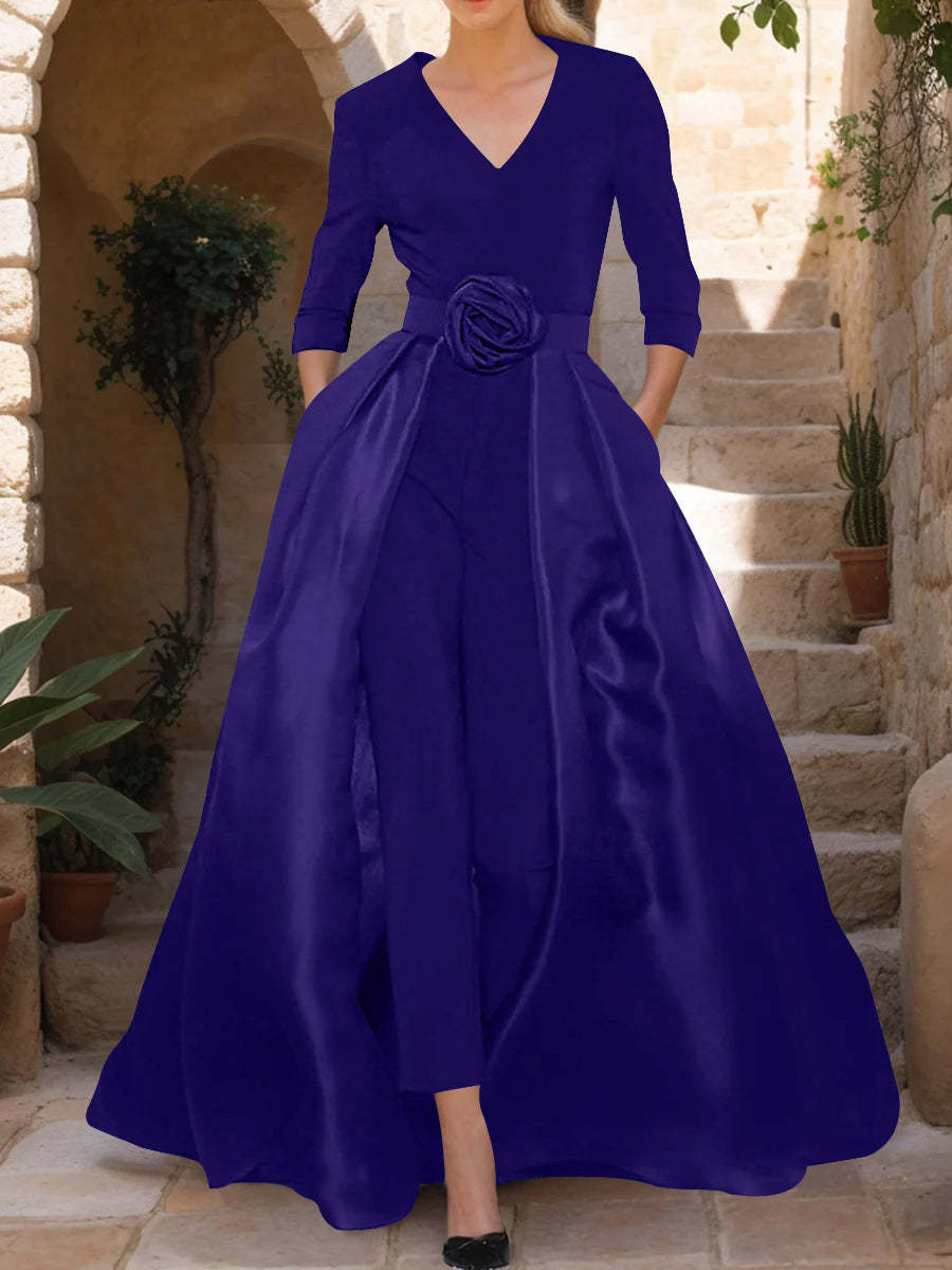 Mother of the Bride V-Neck Pantsuit with 3/4 Sleeves and Flower Belt