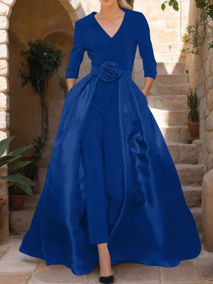 Mother of the Bride V-Neck Pantsuit with 3/4 Sleeves and Flower Belt
