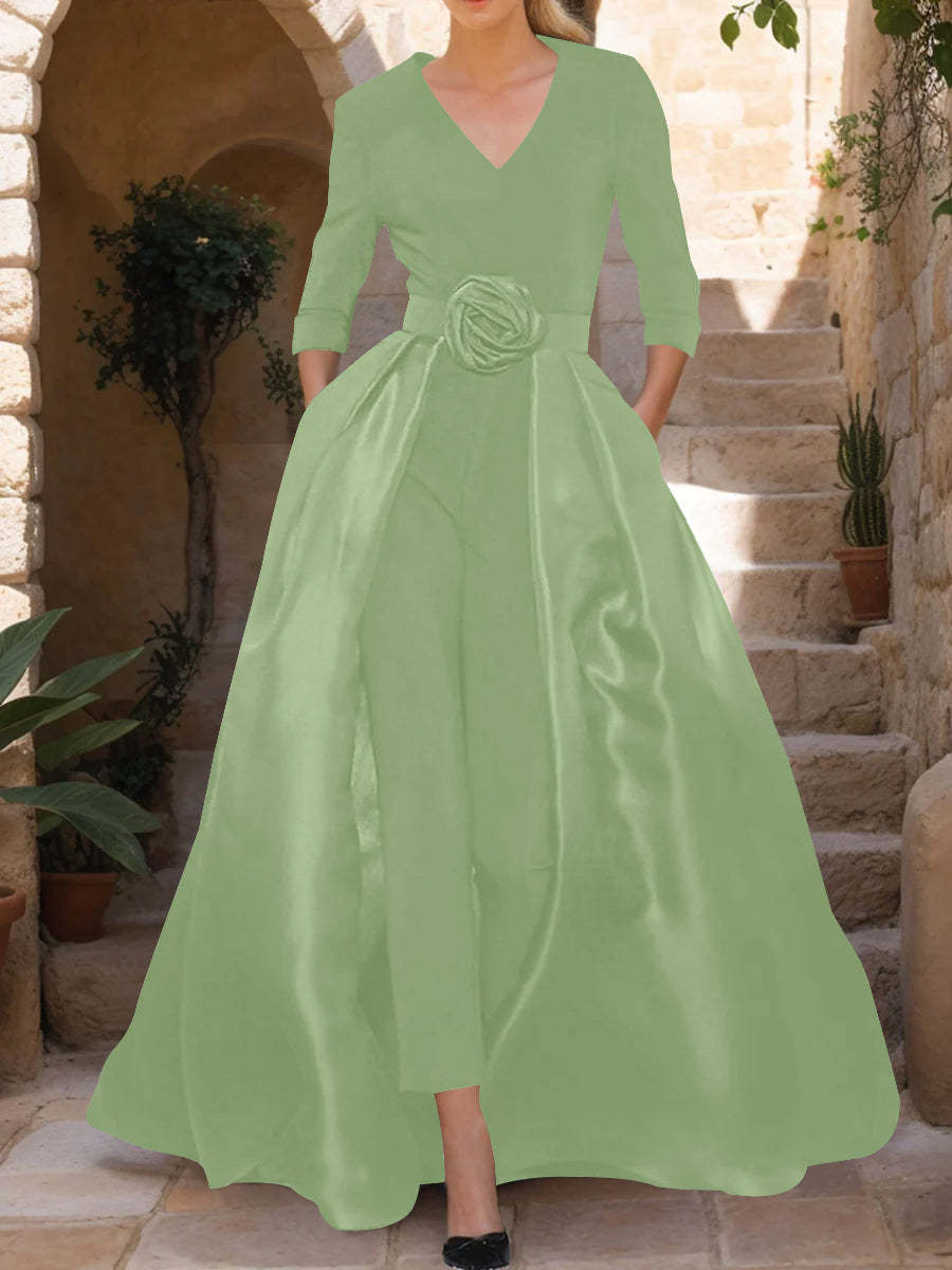 Mother of the Bride V-Neck Pantsuit with 3/4 Sleeves and Flower Belt