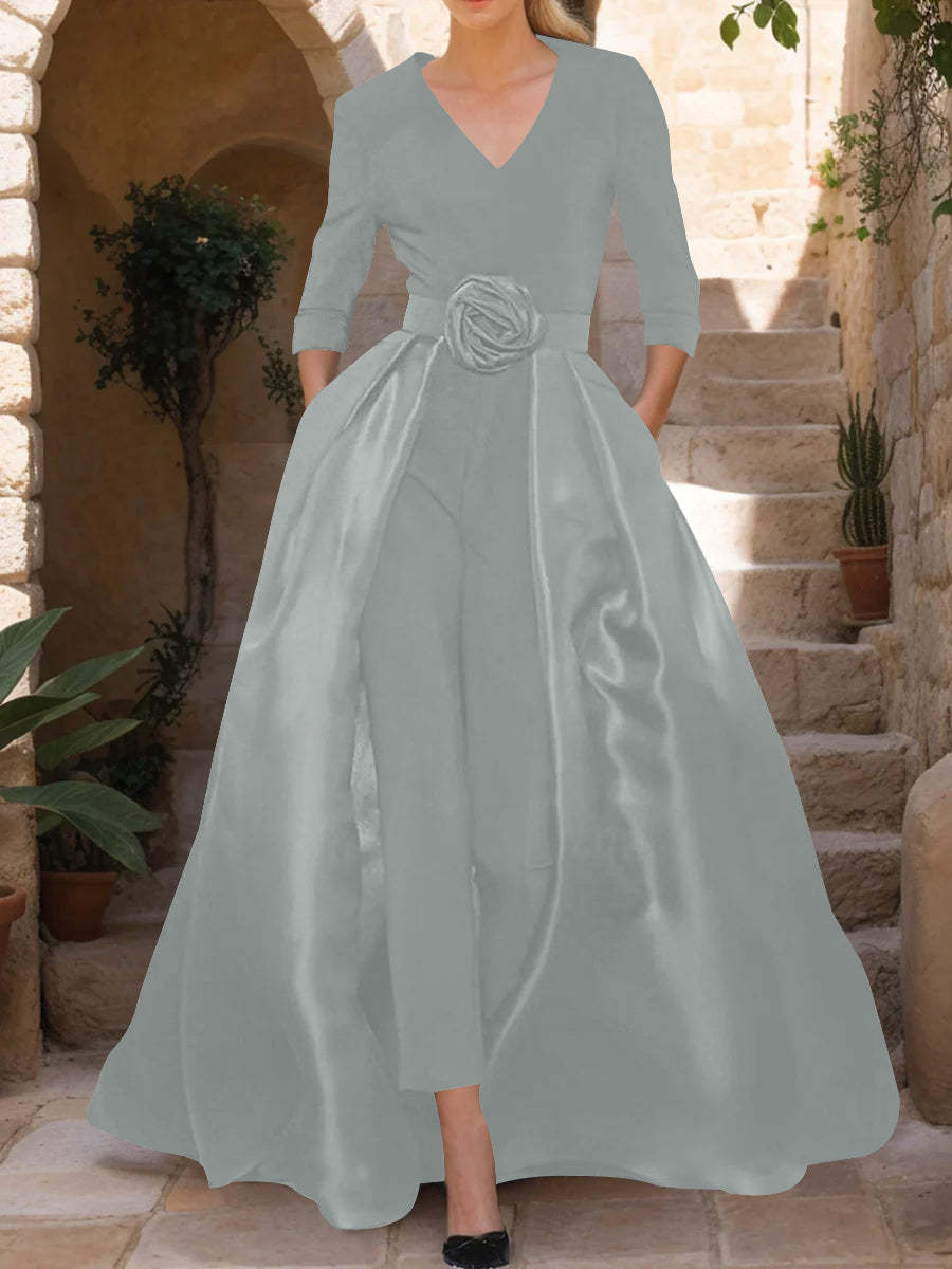 Mother of the Bride V-Neck Pantsuit with 3/4 Sleeves and Flower Belt