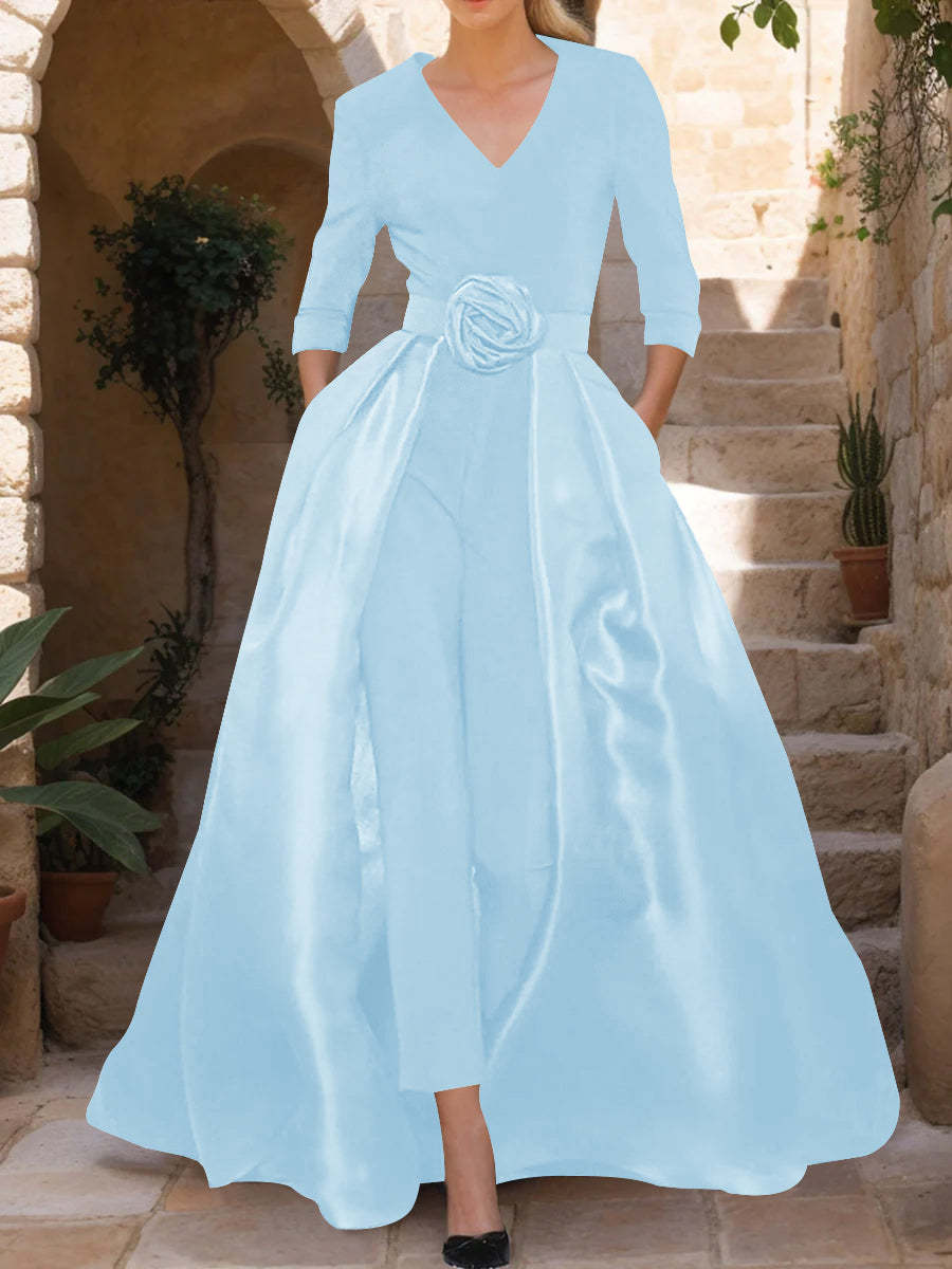 Mother of the Bride V-Neck Pantsuit with 3/4 Sleeves and Flower Belt