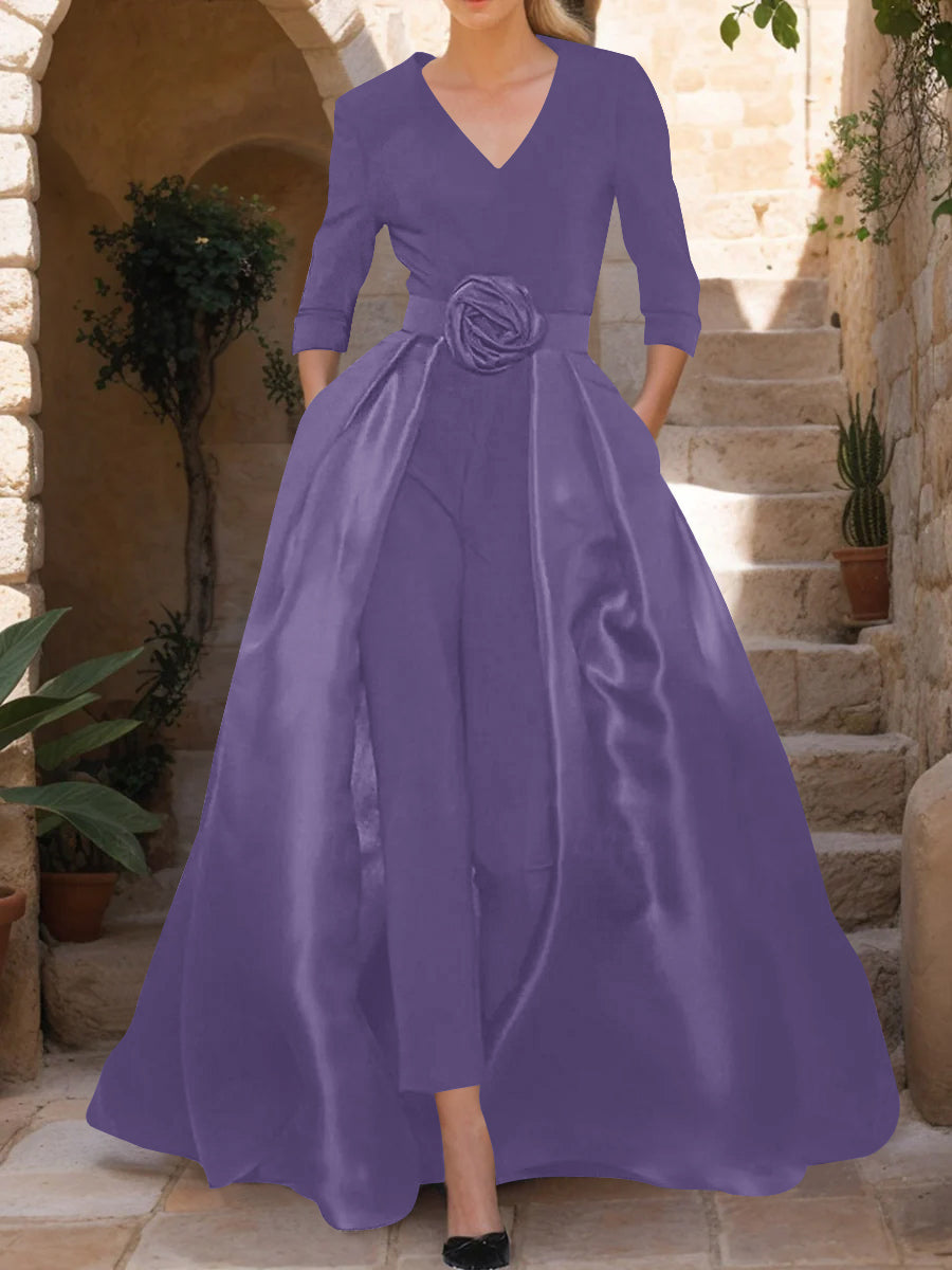 Mother of the Bride V-Neck Pantsuit with 3/4 Sleeves and Flower Belt
