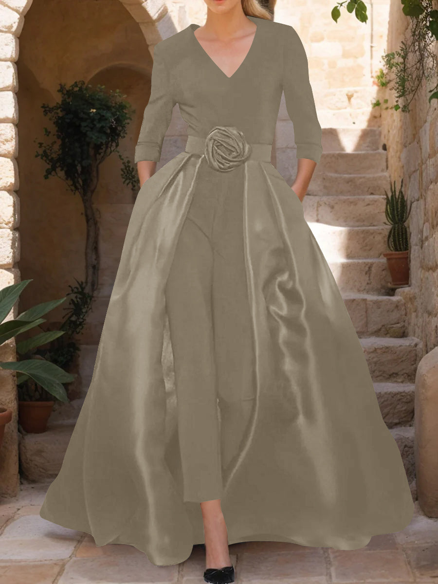 Mother of the Bride V-Neck Pantsuit with 3/4 Sleeves and Flower Belt
