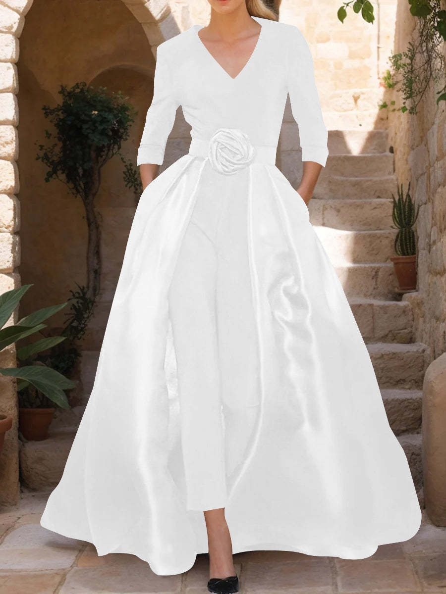 Mother of the Bride V-Neck Pantsuit with 3/4 Sleeves and Flower Belt