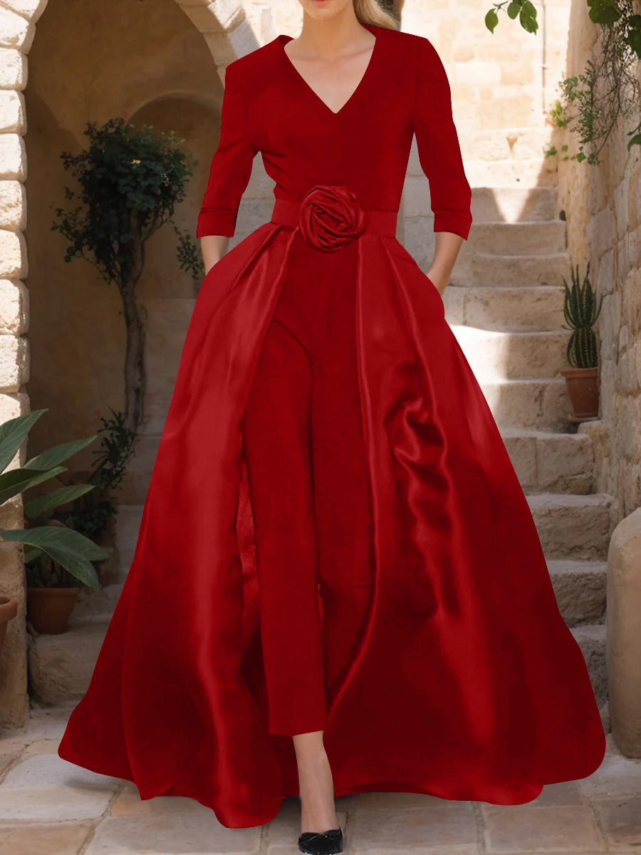 Mother of the Bride V-Neck Pantsuit with 3/4 Sleeves and Flower Belt