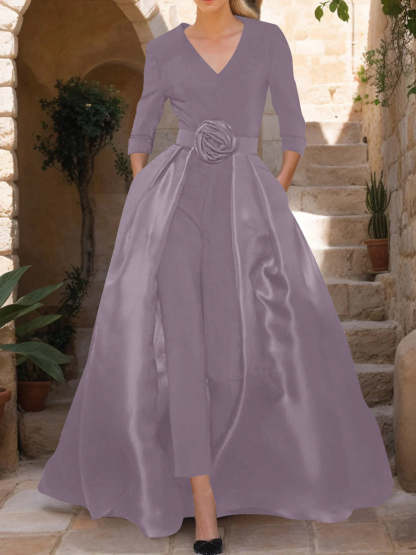 Mother of the Bride V-Neck Pantsuit with 3/4 Sleeves and Flower Belt
