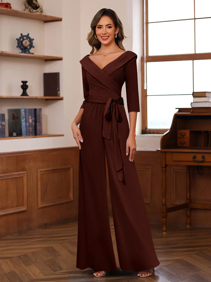V-Neck Chiffon Jumpsuit with Ruched Detail and 3/4 Sleeves for the Mother