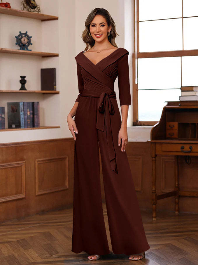 V-Neck Chiffon Jumpsuit with Ruched Detail and 3/4 Sleeves for the Mother
