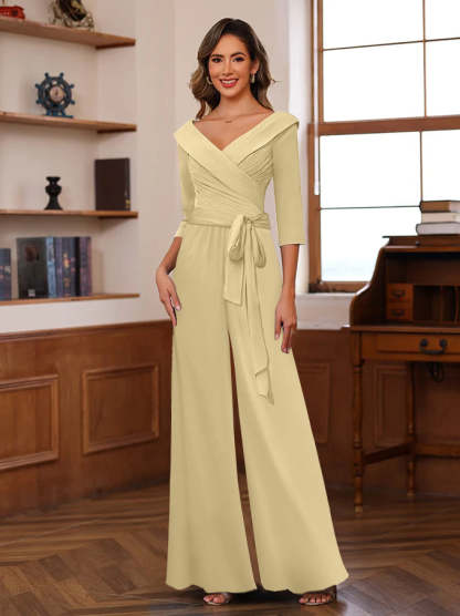 V-Neck Chiffon Jumpsuit with Ruched Detail and 3/4 Sleeves for the Mother