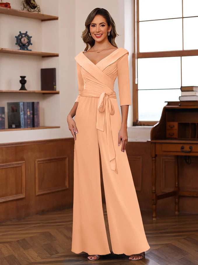 V-Neck Chiffon Jumpsuit with Ruched Detail and 3/4 Sleeves for the Mother
