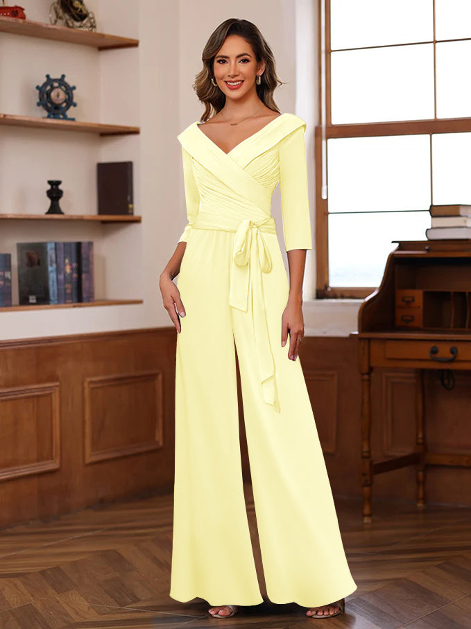 V-Neck Chiffon Jumpsuit with Ruched Detail and 3/4 Sleeves for the Mother