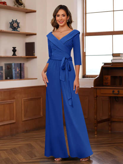 V-Neck Chiffon Jumpsuit with Ruched Detail and 3/4 Sleeves for the Mother