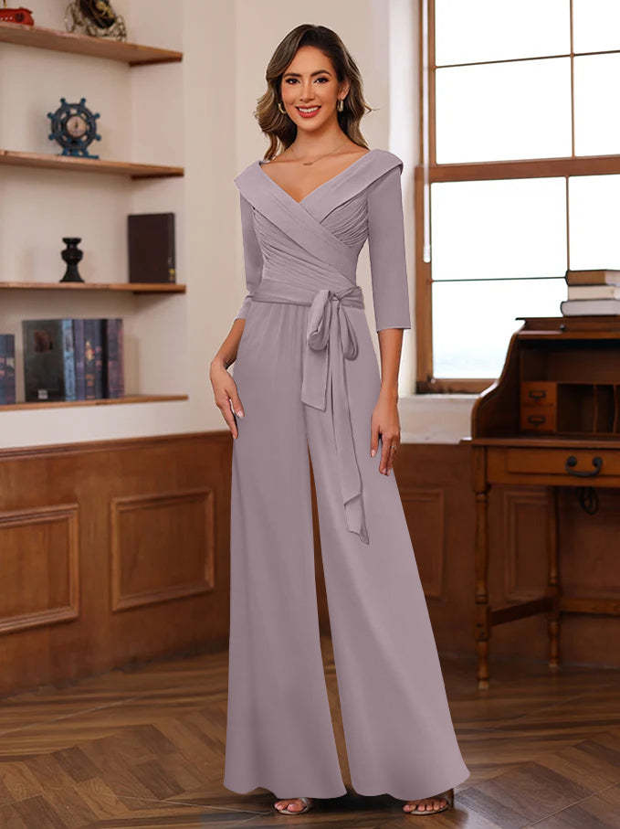 V-Neck Chiffon Jumpsuit with Ruched Detail and 3/4 Sleeves for the Mother