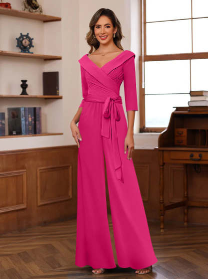 V-Neck Chiffon Jumpsuit with Ruched Detail and 3/4 Sleeves for the Mother