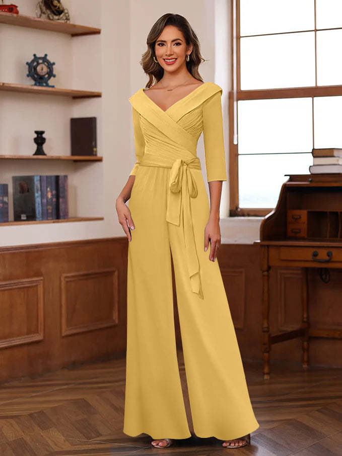V-Neck Chiffon Jumpsuit with Ruched Detail and 3/4 Sleeves for the Mother