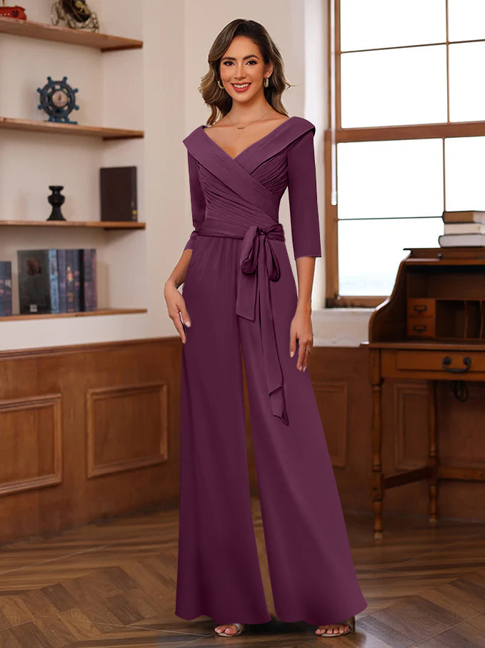 V-Neck Chiffon Jumpsuit with Ruched Detail and 3/4 Sleeves for the Mother