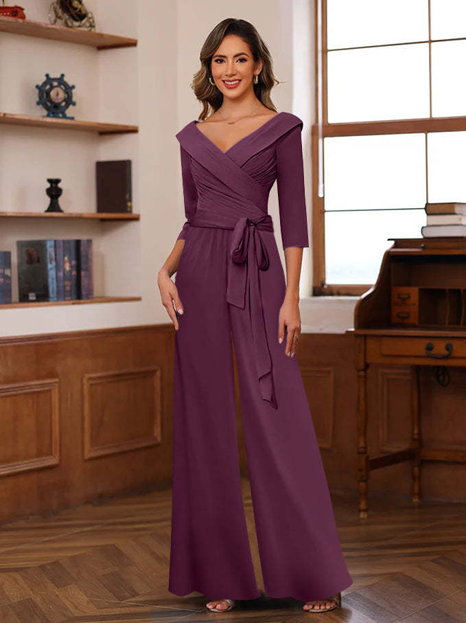 V-Neck Chiffon Jumpsuit with Ruched Detail and 3/4 Sleeves for the Mother