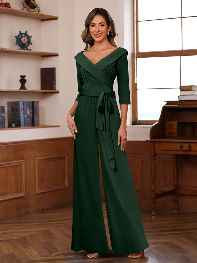 V-Neck Chiffon Jumpsuit with Ruched Detail and 3/4 Sleeves for the Mother