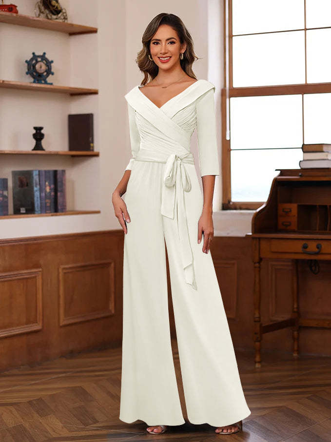 V-Neck Chiffon Jumpsuit with Ruched Detail and 3/4 Sleeves for the Mother