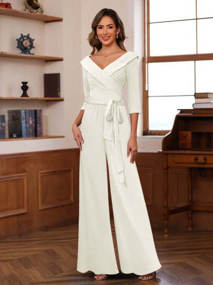 V-Neck Chiffon Jumpsuit with Ruched Detail and 3/4 Sleeves for the Mother