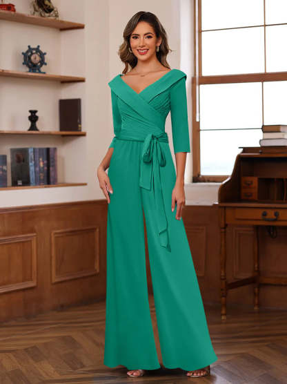 V-Neck Chiffon Jumpsuit with Ruched Detail and 3/4 Sleeves for the Mother
